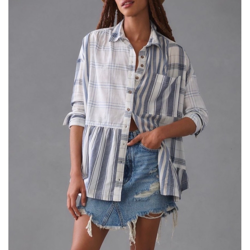 Anthropologie Pilcro Shirt Buttondown Flounce Blue Pattern Boho Large XL